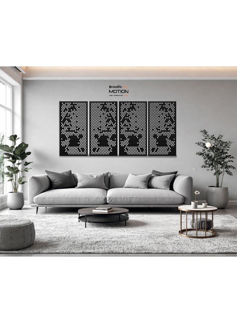 أكويستك موشان لوحات ديكور فنية جدارية خشبية من ACOUSTIC MOTION®، تصميم ECHO SCATTER مع شريط لاصق مزدوج الوجه، معلق على الحائط باللون الأسود الحديث للمنزل وغرفة المعيشة وغرفة النوم والمكتب والفندق، 25 × 50 × 0.5 سم، مجموعة مكونة من 4 قطع - Image 4